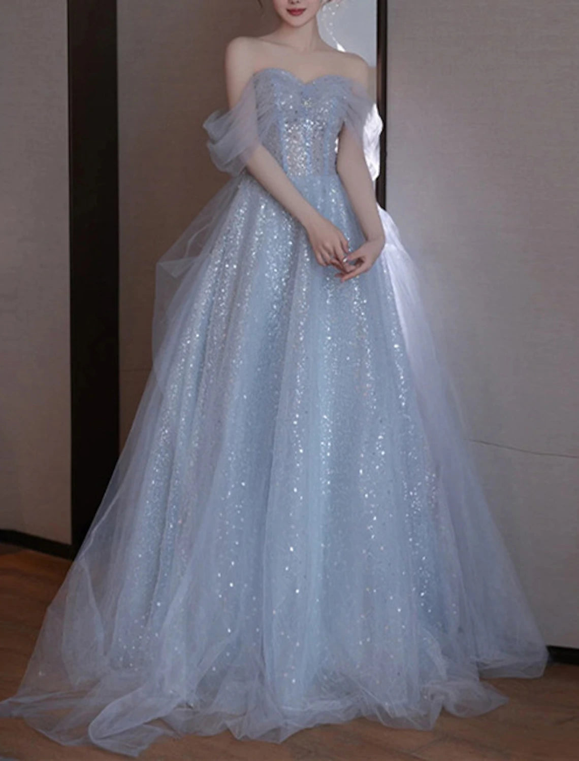 Vestidos de fiesta de corte A, elegantes, para invitados de boda, graduación, largo hasta el suelo, sin mangas, hombros descubiertos, con lentejuelas
